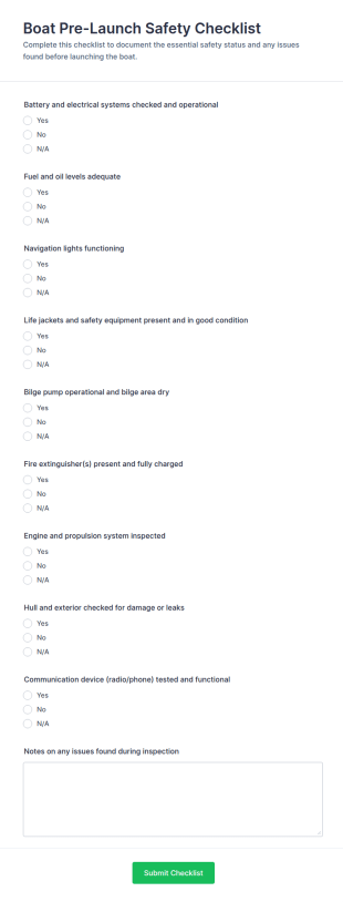 Boat Pre Launch Safety Checklist Form Template