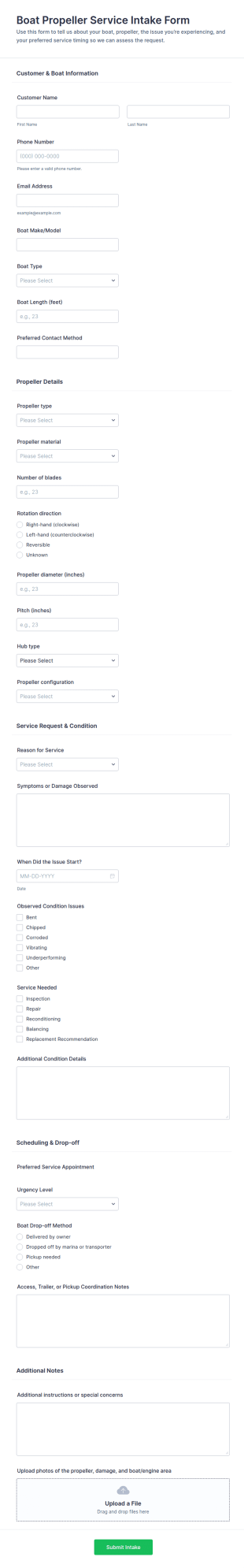 Boat Propeller Service Intake Form Template