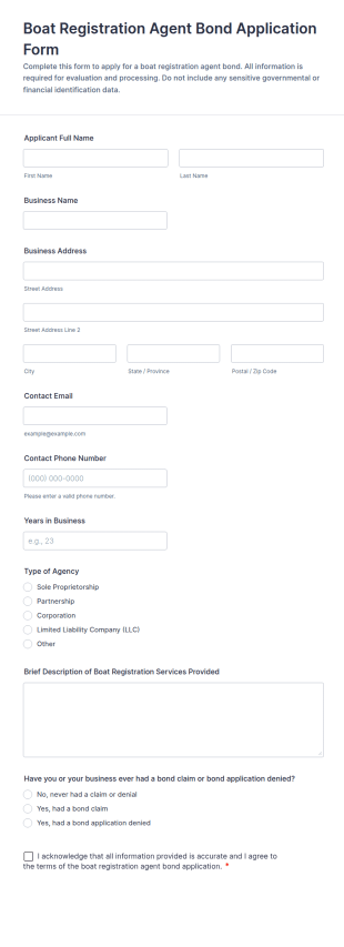 Boat Registration Agent Bond Application Form Template