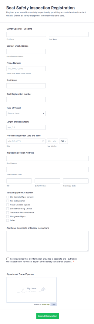 Boat Safety Inspection Registration Form Template