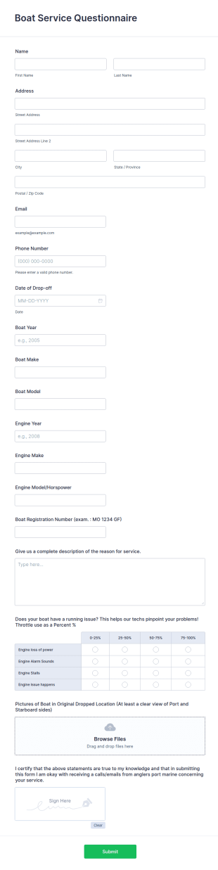 Boat Service Questionnaire Form Template