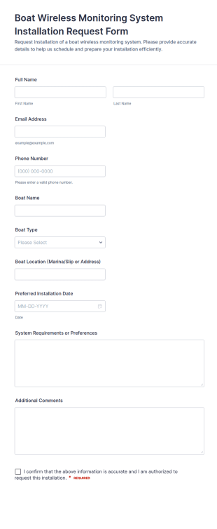 Boat Wireless Monitoring System Installation Request Form Template
