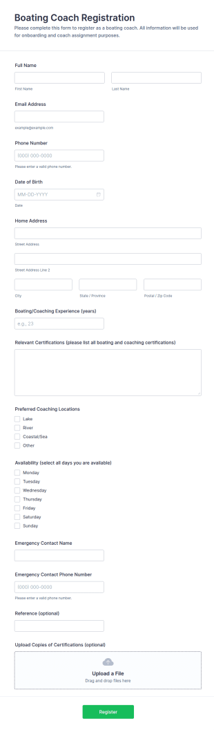 Boating Coach Registration Form Template