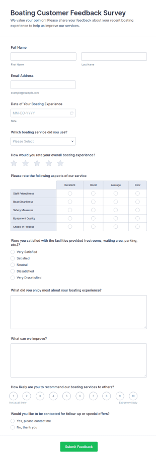 Boating Customer Feedback Survey Form Template