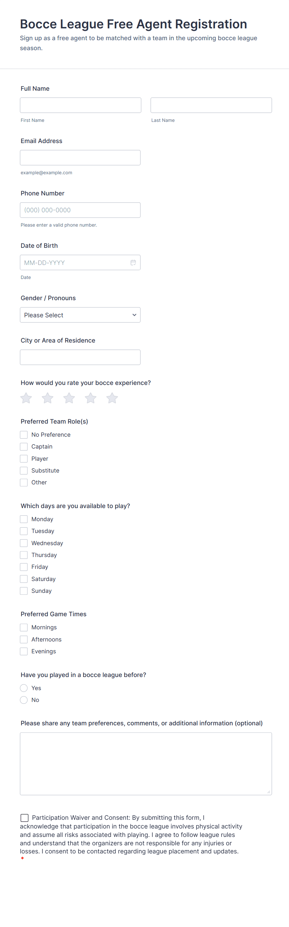 Bocce League Free Agent Registration Form Template | Jotform