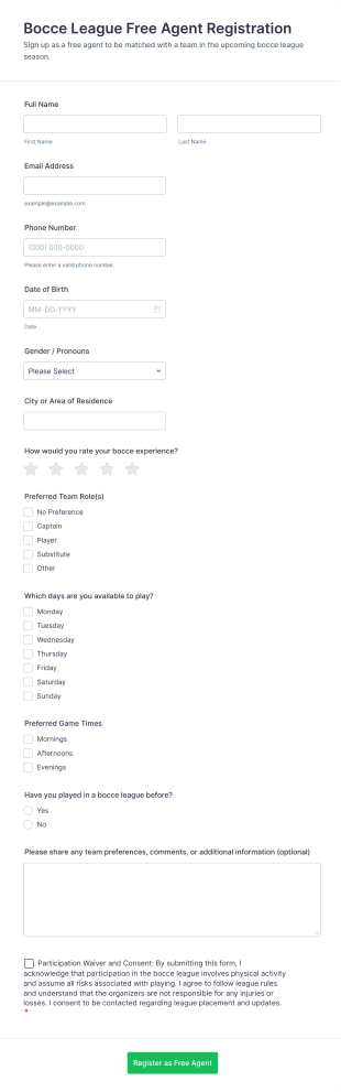 Bocce League Free Agent Registration Form Template
