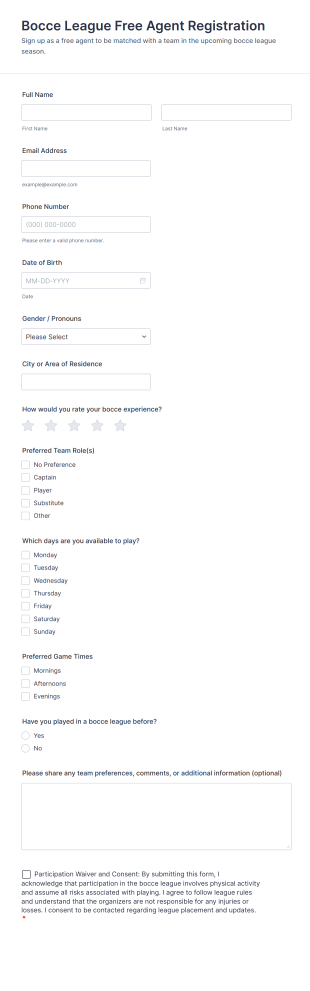 Bocce League Free Agent Registration Form Template