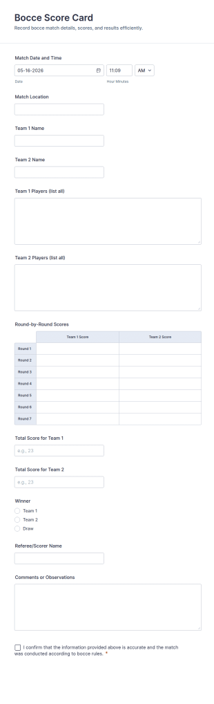 Bocce Score Card Form Template
