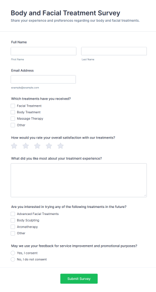 Body And Facial Treatment Survey Form Template