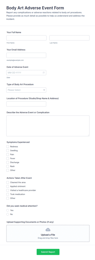 Body Art Adverse Event Form Template