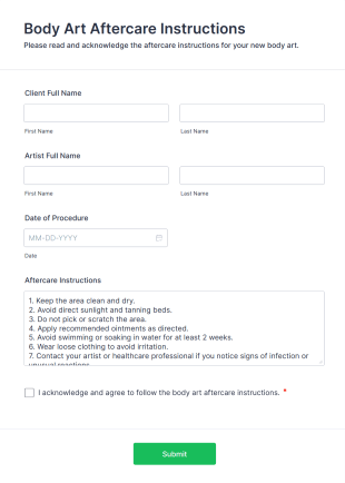 Body Art Aftercare Instructions Form Template