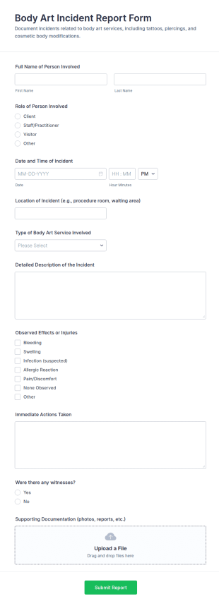 Body Art Incident Report Form Template