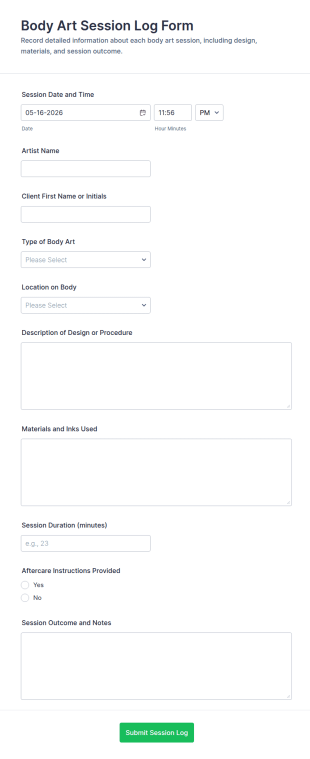 Body Art Session Log Form Template