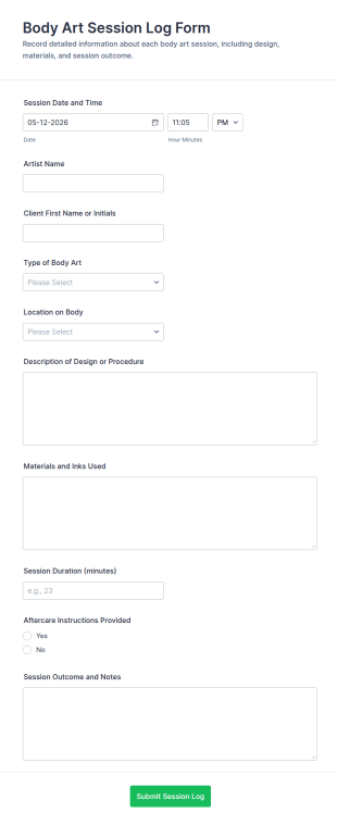 Body Art Session Log Form Template