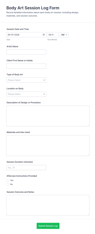 Body Art Session Log Form Template