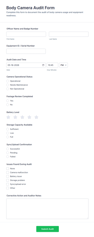 Body Camera Audit Form Template