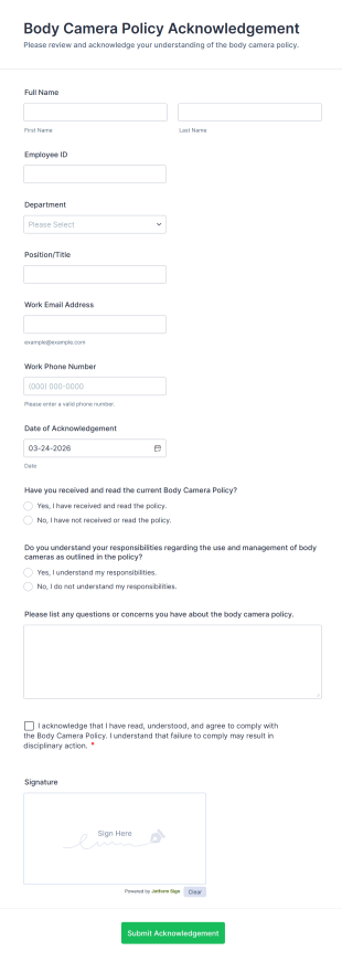 Body Camera Policy Acknowledgement Form Template