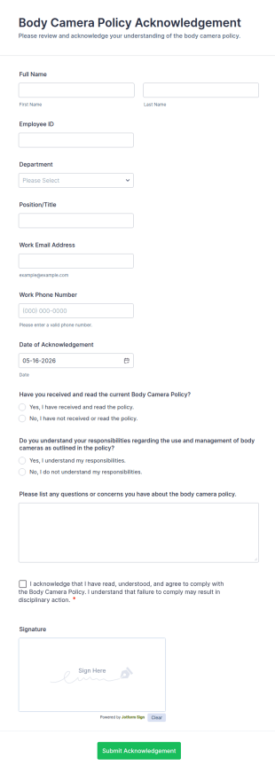 Body Camera Policy Acknowledgement Form Template