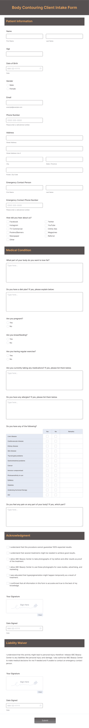 Body Contouring Client Intake Form Template
