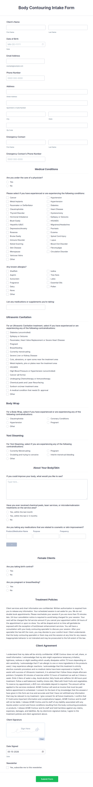 Body Contouring Intake Form Template