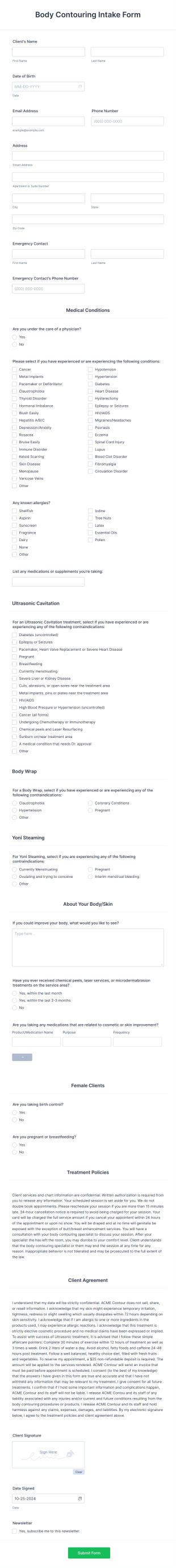 Body Contouring Intake Form Template