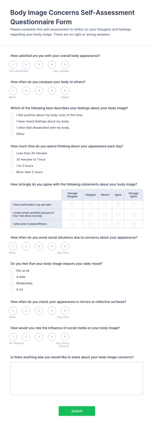 Body Image Concerns Self Assessment Questionnaire Form Template