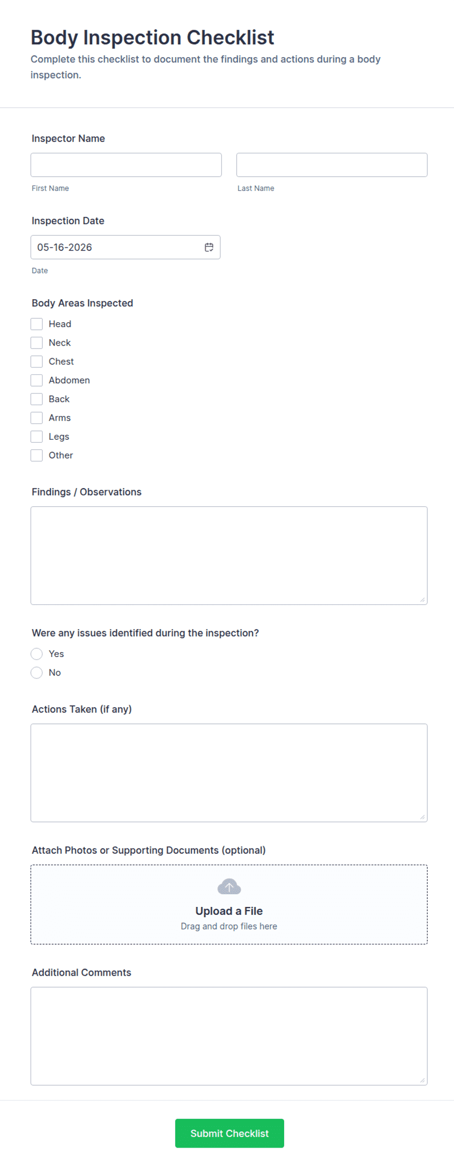 Core Body Knowledge Checklist.pdf Body Inspection Checklist Form Template | Jotform