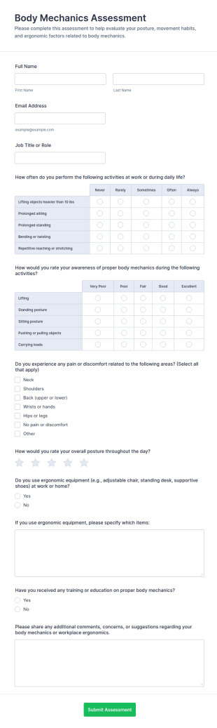 Body Mechanics Assessment Form Template