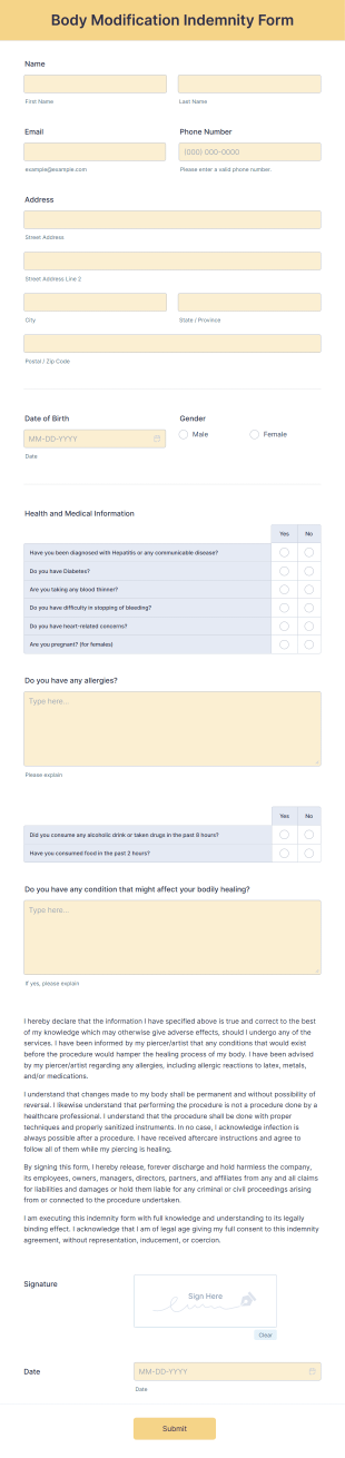 Body Modification Indemnity Form Template