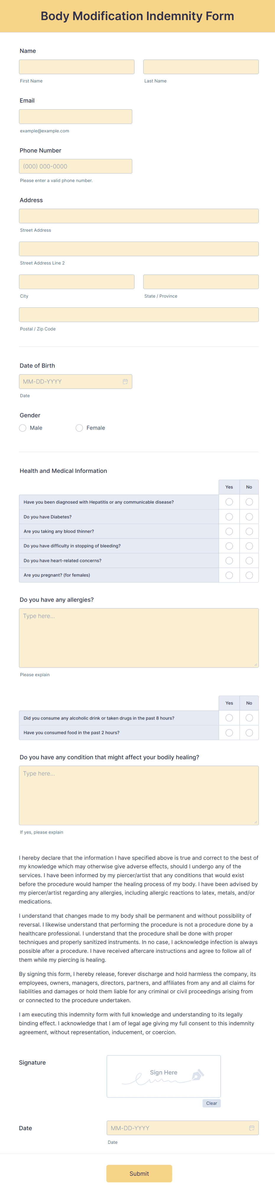 Body Modification Indemnity Form Template | Jotform