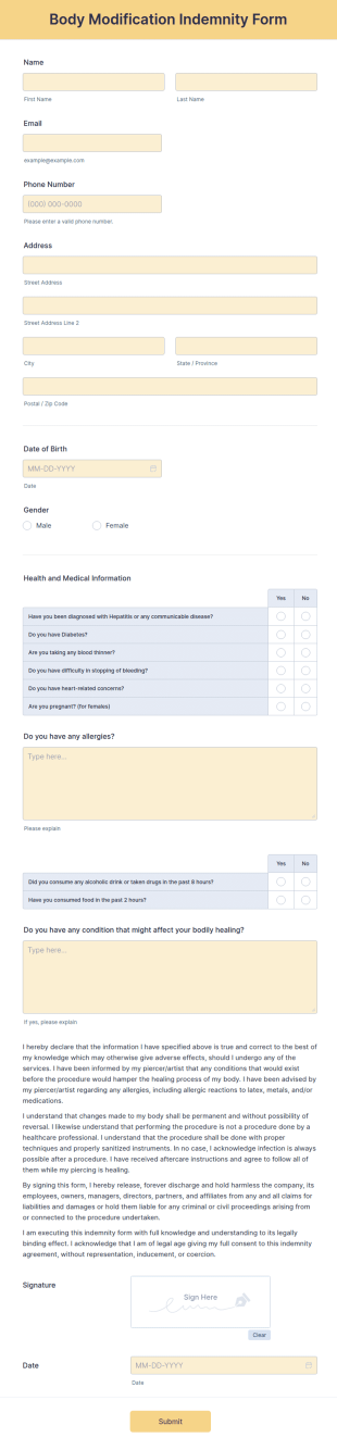 Body Modification Indemnity Form Template