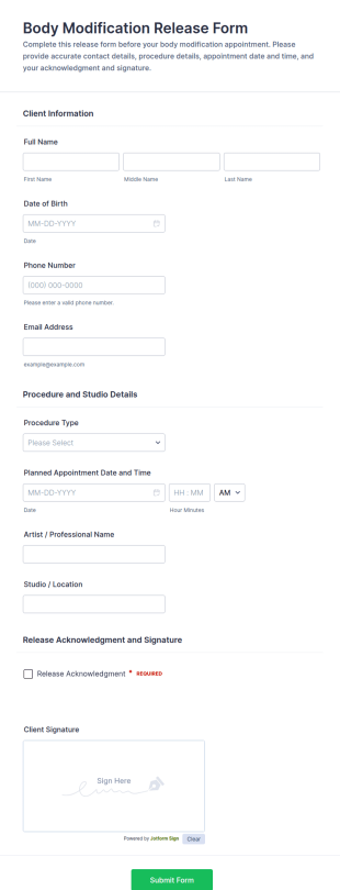 Body Modification Release Form Template