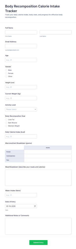 Body Recomposition Calorie Intake Tracker Form Template