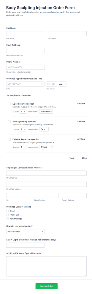 Body Sculpting Injection Order Form Template