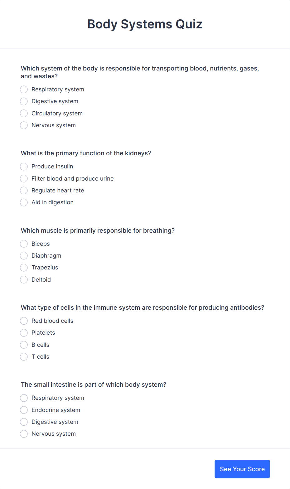 Body Systems Quiz Form Template | Jotform