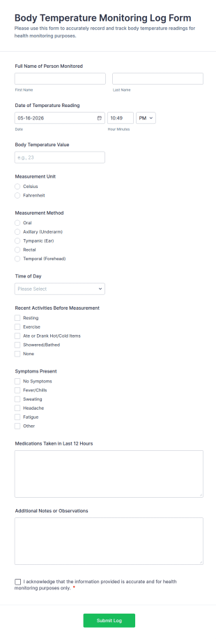 Body Temperature Monitoring Log Form Template