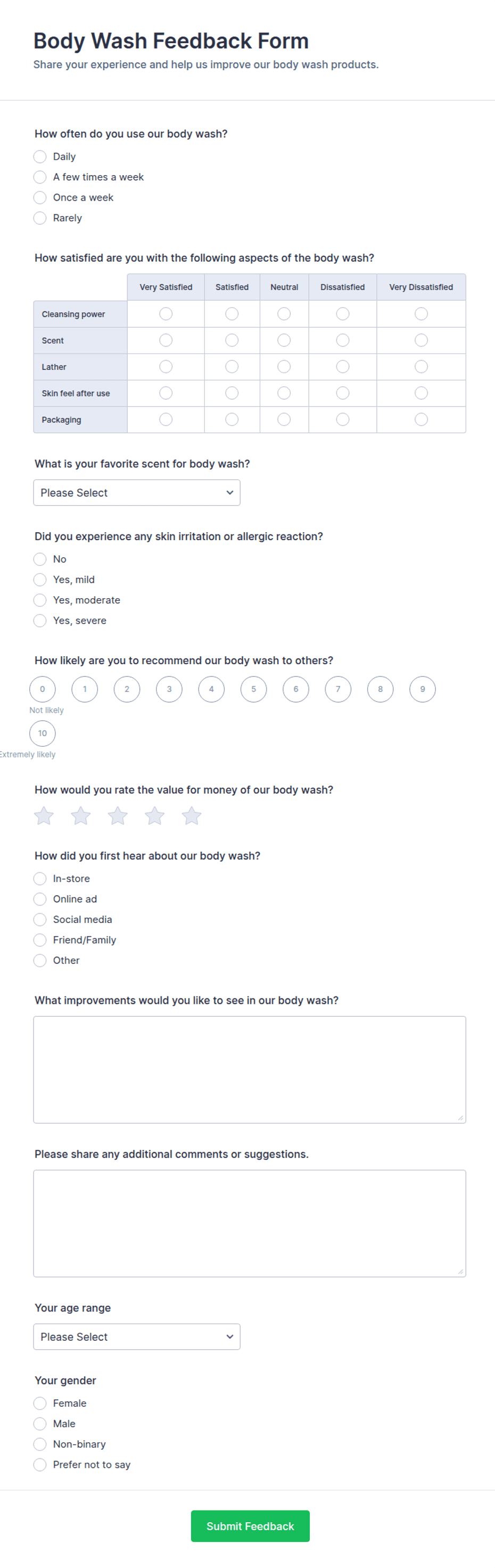 Body Wash Feedback Form Template | Jotform
