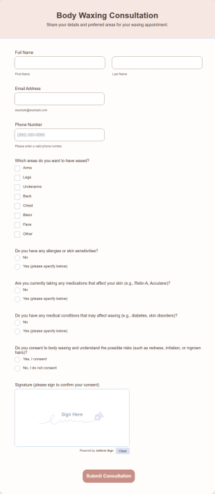 Body Waxing Consultation Form Template