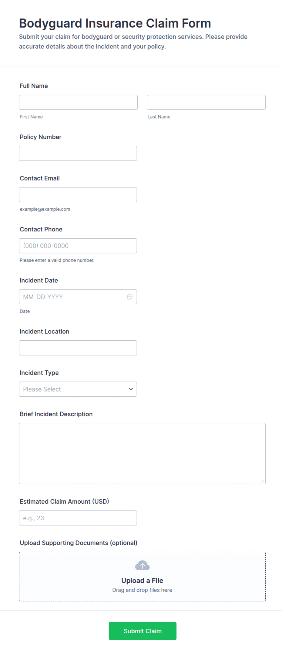Bodyguard Insurance Claim Form Template | Jotform