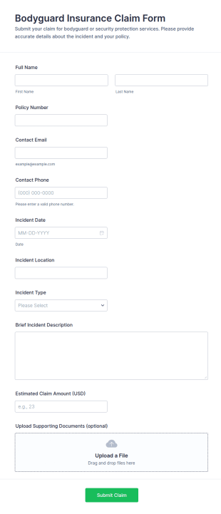 Bodyguard Insurance Claim Form Template