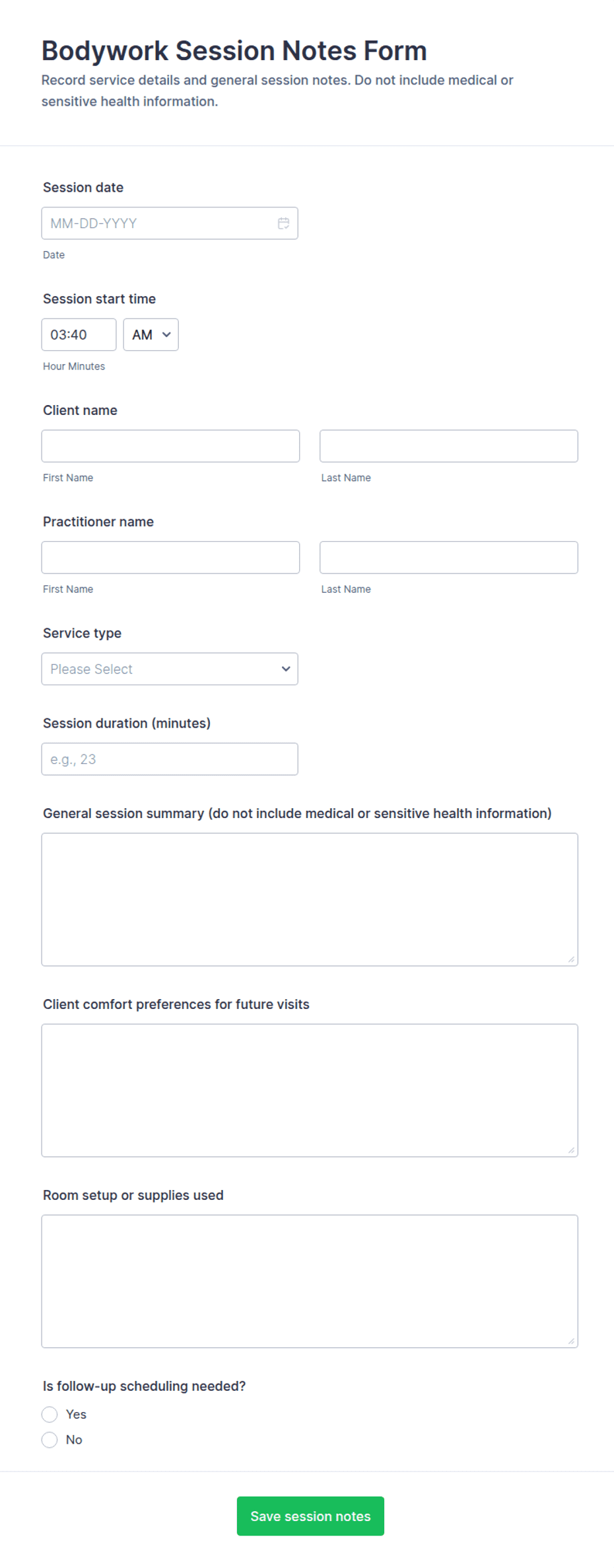 Bodywork Session Notes Form Template | Jotform
