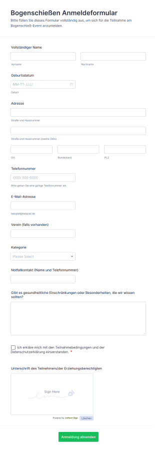 Bogenschießen Anmeldeformular