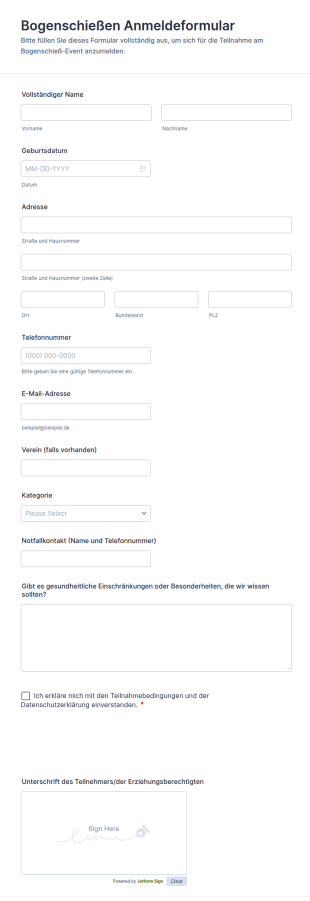 Bogenschießen Anmeldeformular