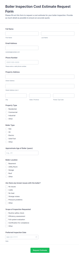 Boiler Inspection Cost Estimate Request Form Template