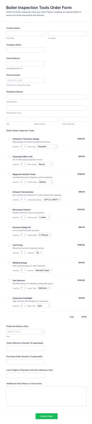 Boiler Inspection Tools Order Form Template