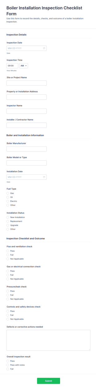Boiler Installation Inspection Checklist Form Template