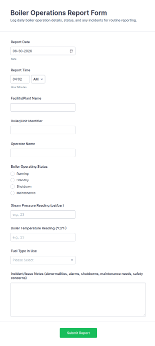 Boiler Operations Report Form Template