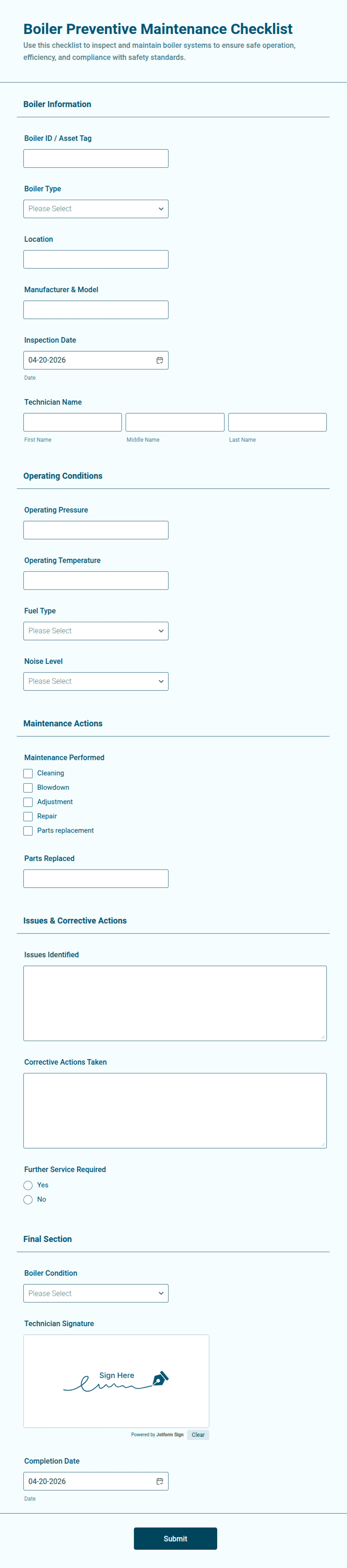 Boiler Preventive Maintenance Checklist Form Template | Jotform