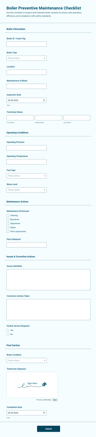 Boiler Preventive Maintenance Checklist Form Template