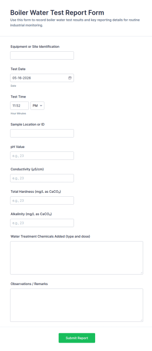 Boiler Water Test Report Form Template
